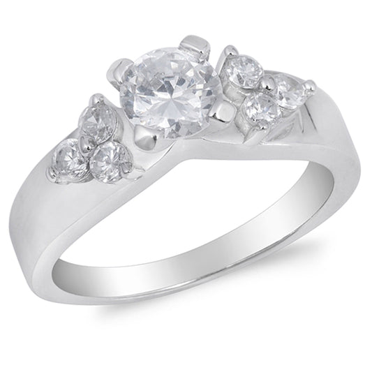 Round Clear CZ Triple Cluster Bridal Ring .925 Sterling Silver Band Sizes 5-9