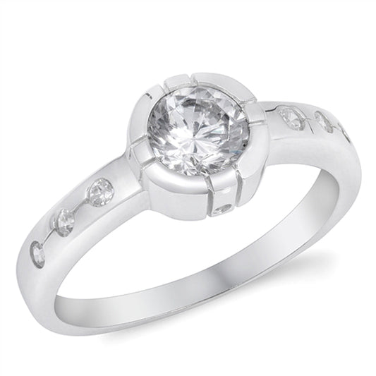 Round Clear CZ Solitaire Engagement Ring New 925 Sterling Silver Band Sizes 5-9