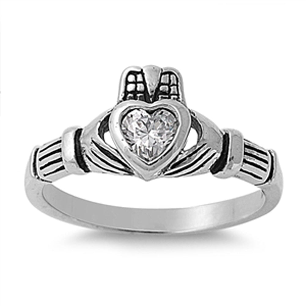 White CZ Claddagh Heart Promise Ring New .925 Sterling Silver Band Sizes 4-9