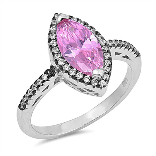 Marquise Pink CZ Colorful Black Prong Halo Ring Sterling Silver Band Sizes 5-10