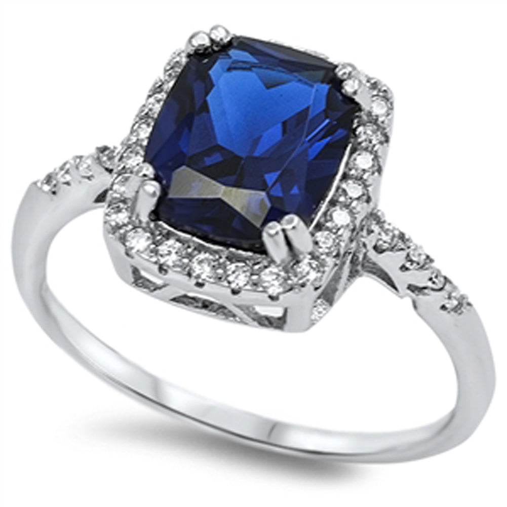 Rectangle Blue Sapphire CZ Halo Ring New .925 Sterling Silver Band Sizes 5-10