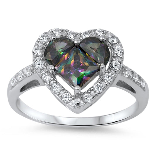 Rainbow Topaz CZ Halo Heart Love Ring New .925 Sterling Silver Band Sizes 5-10