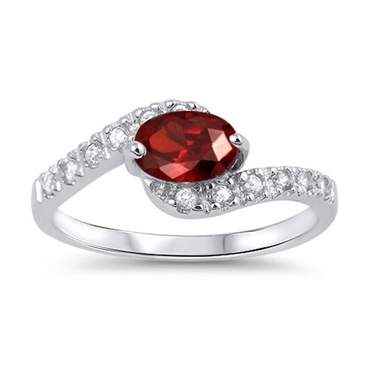 Garnet CZ Oval Solitaire Curved Ring New .925 Sterling Silver Band Sizes 5-10