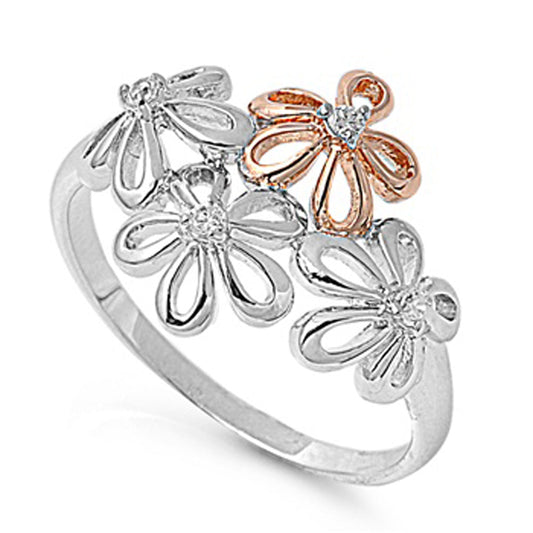 White CZ Two Tone Flower Plumeria Garden Ring Sterling Silver Band Sizes 5-9