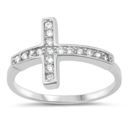 Sterling Silver Woman's Clear CZ Sideways Cross Ring 925 Band 18mm Sizes 4-10