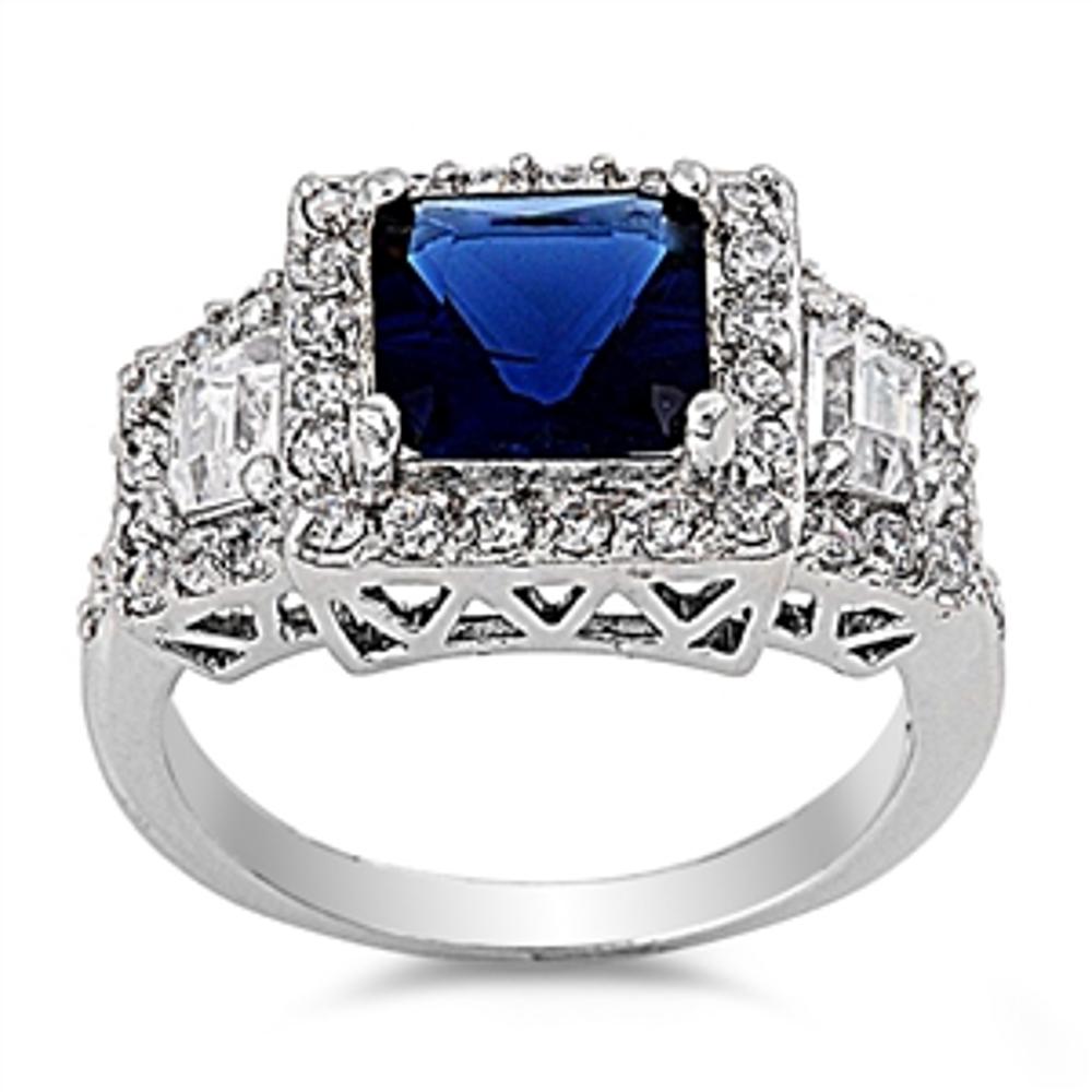 Sterling Silver Woman's Blue Sapphire CZ Ring Polished 925 Band 12mm Sizes 5-10