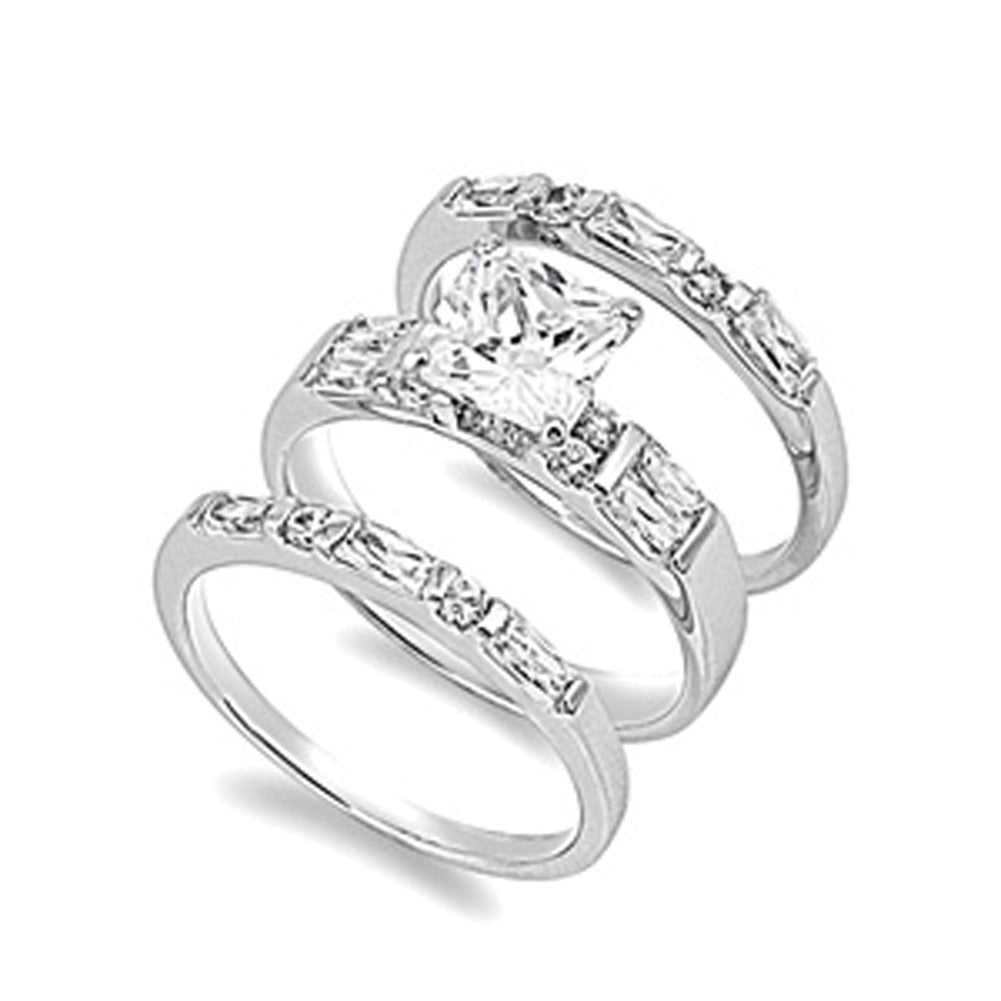 Sterling Silver Princess Cut CZ Engagement Ring Wedding Band 3 Ring Sizes 5-10