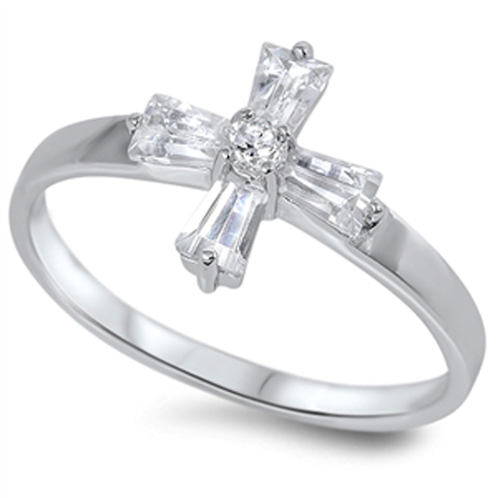 Clear CZ Cross Abstract Polished Ring New .925 Sterling Silver Band Sizes 4-10