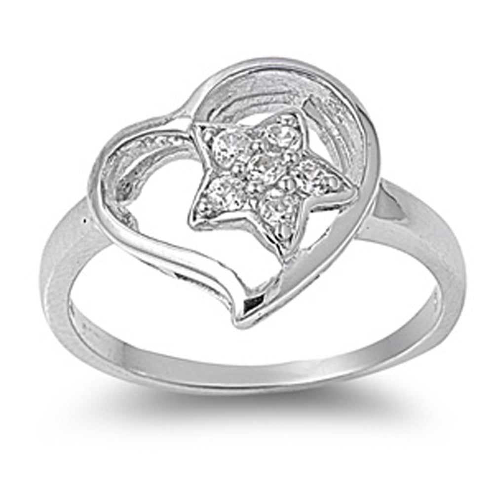 Clear CZ Heart Star Cutout Cute Ring New .925 Sterling Silver Band Sizes 5-10