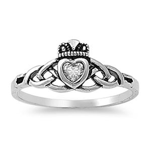 Sterling Silver Heart CZ Claddagh Ring Traditional Irish Knot Band Sizes 2-10