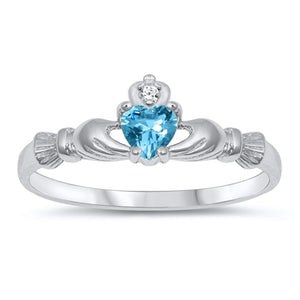 Claddagh Friendship Sterling Silver Ring Blue Topaz CZ Heart Sizes 1-10