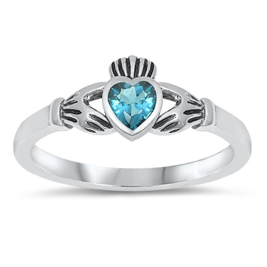 Sterling Silver Claddagh Ring Blue Topaz CZ Traditional Irish Band Sizes 1-9