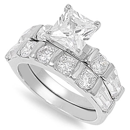 Sterling Silver Princess Cut CZ Engagement Ring Wedding Band Set Sizes 5-10