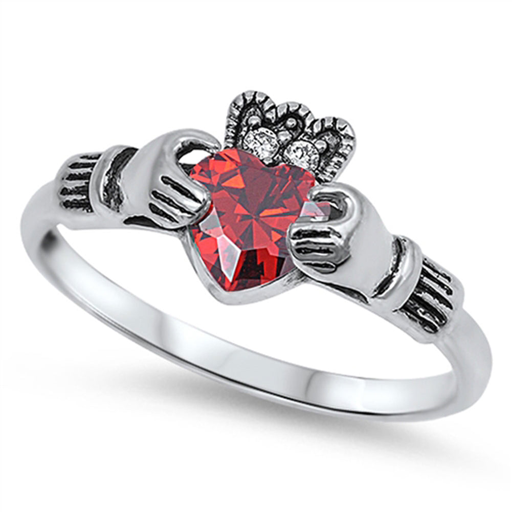 Garnet CZ Elegant Claddagh Promise Ring New .925 Sterling Silver Band Sizes 5-9