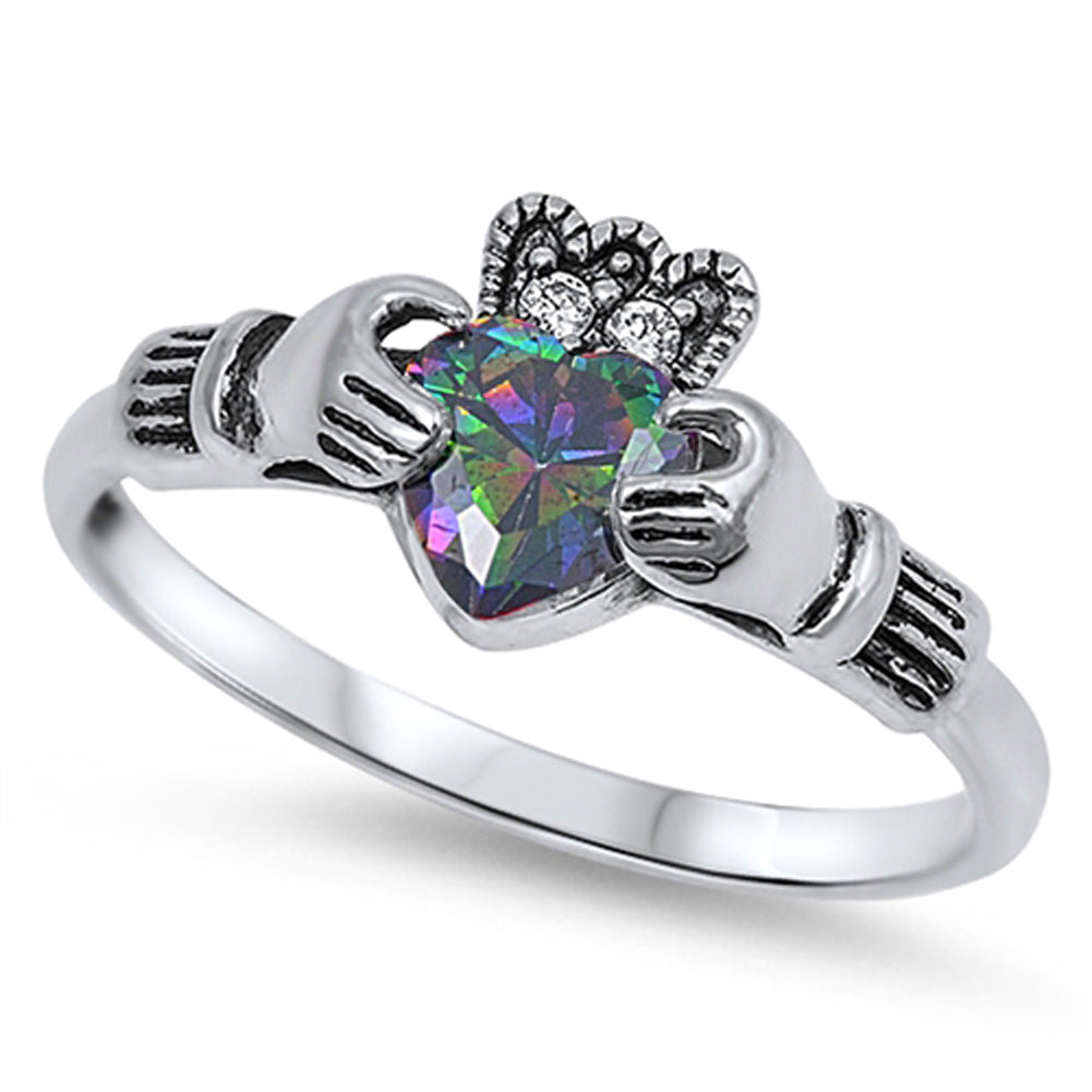 Rainbow Topaz CZ Unique Claddagh Ring New .925 Sterling Silver Band Sizes 5-10