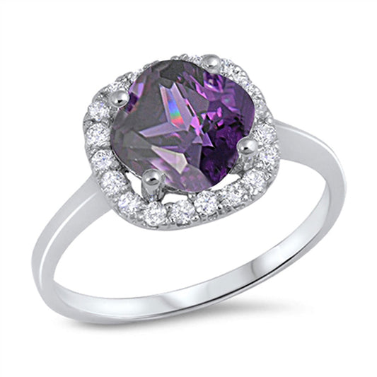 Amethyst CZ Polished Halo Elegant Ring New .925 Sterling Silver Band Sizes 5-10