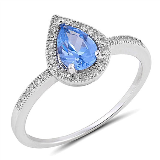 Blue Sapphire CZ Elegant Teardrop Solitaire Ring Sterling Silver Band Sizes 5-9