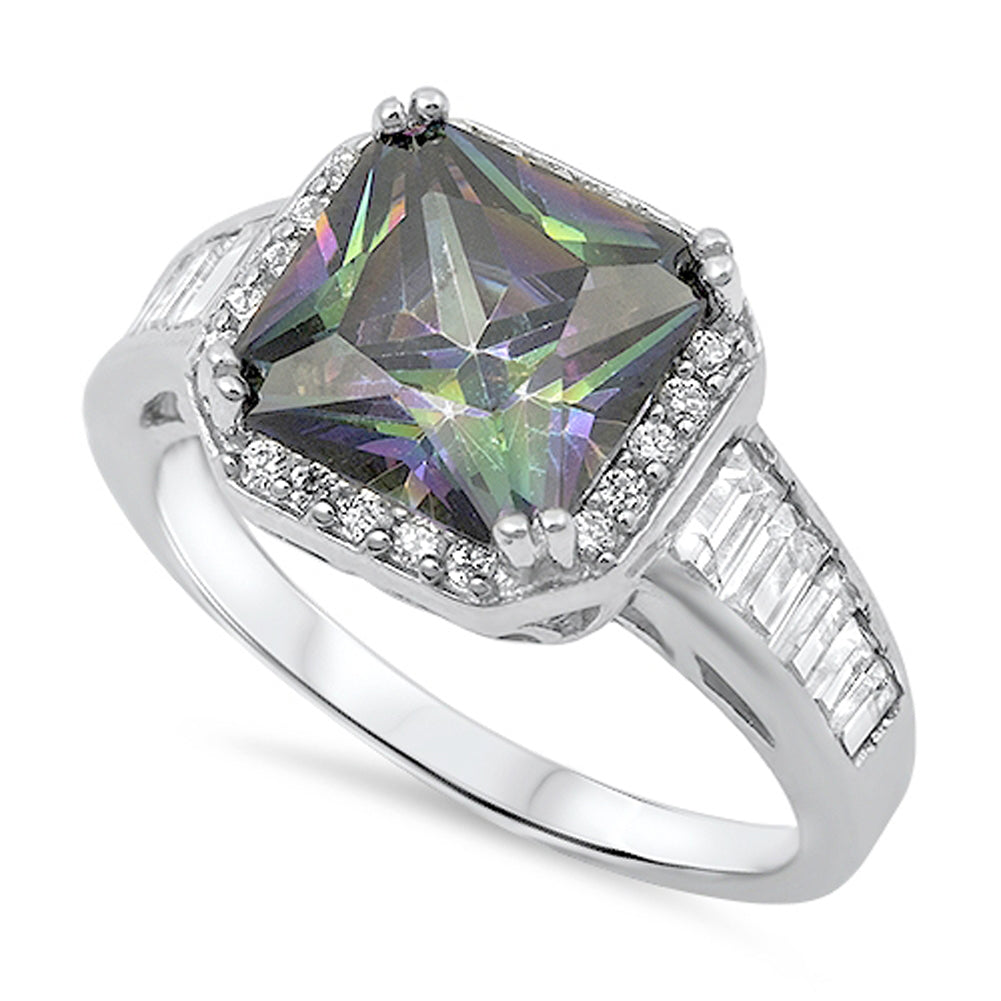 Rainbow Topaz CZ Square Solitaire Unique Ring Sterling Silver Band Sizes 5-9