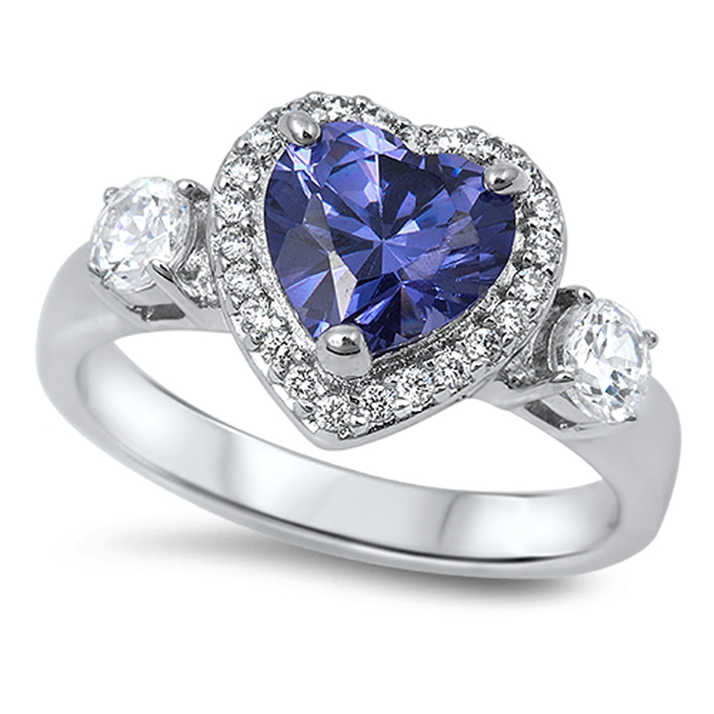 Tanzanite CZ Heart Love Halo Promise Ring .925 Sterling Silver Band Sizes 6-10