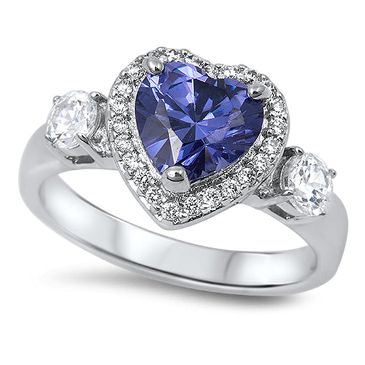 Tanzanite CZ Heart Love Halo Promise Ring .925 Sterling Silver Band Sizes 6-10