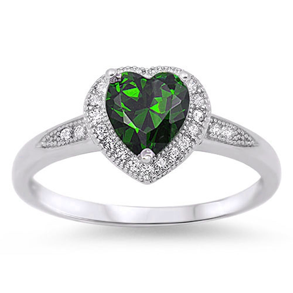 Emerald CZ Heart Solitaire Unique Ring New .925 Sterling Silver Band Sizes 4-10