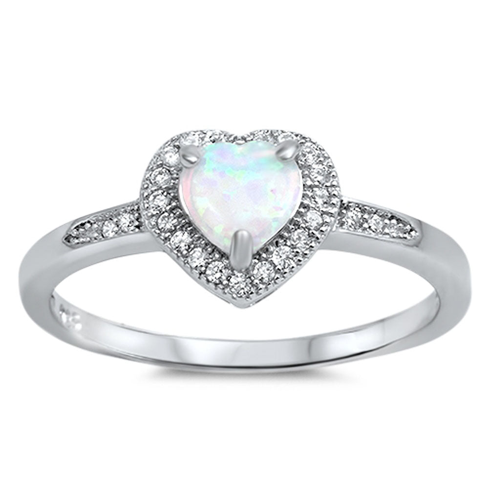 Heart White Lab Opal Halo CZ Promise Ring .925 Sterling Silver Band Sizes 4-10