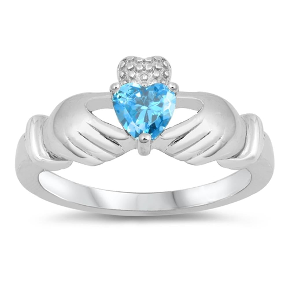 Blue Topaz CZ Heart Claddagh Friendship Ring 925 Sterling Silver Band Sizes 5-10