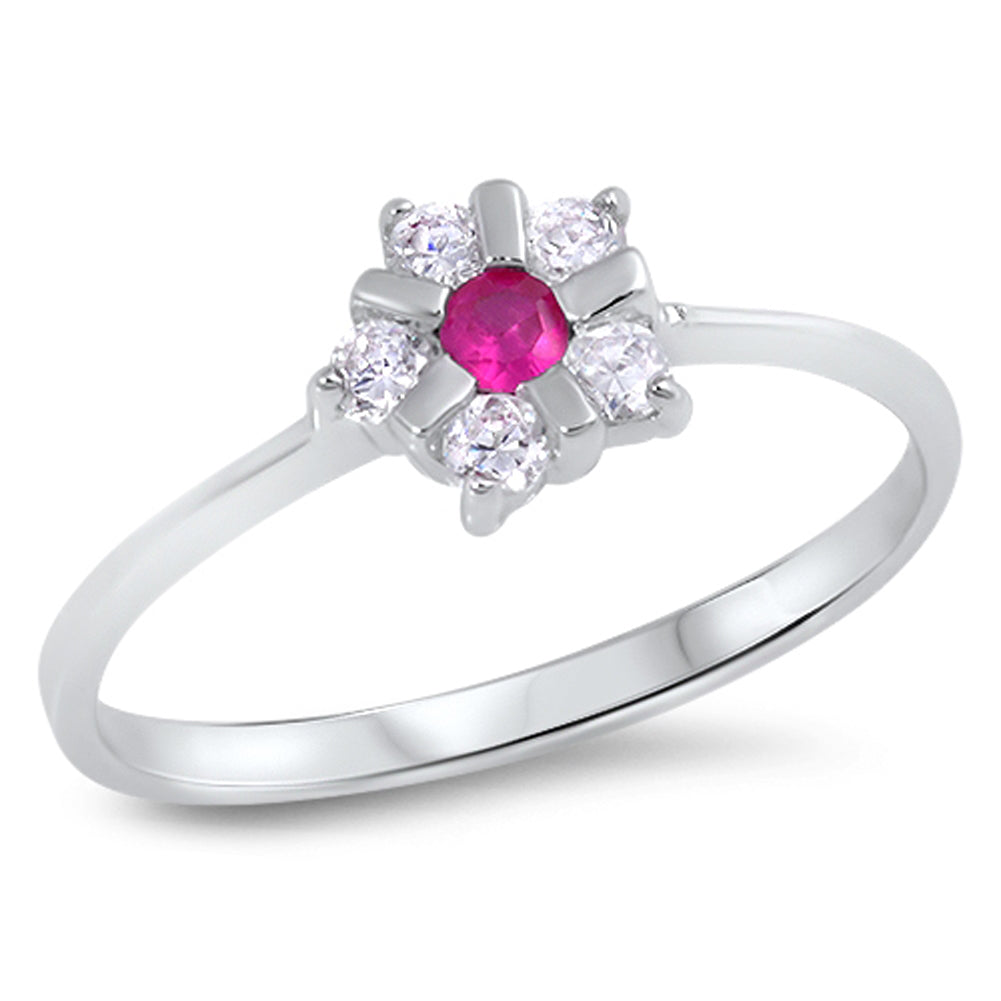 Ruby CZ Polished Flower Cute Unique Ring New 925 Sterling Silver Band Sizes 5-9