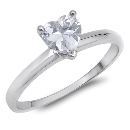 Clear CZ Heart Love Polished Solitaire Ring .925 Sterling Silver Band Sizes 4-10