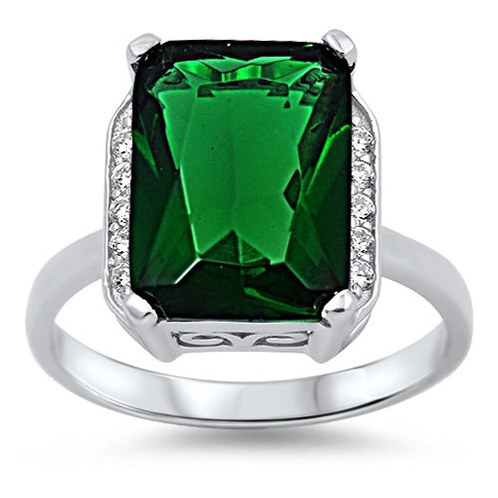 Emerald CZ Polished Solitaire Unique Ring .925 Sterling Silver Band Sizes 6-10