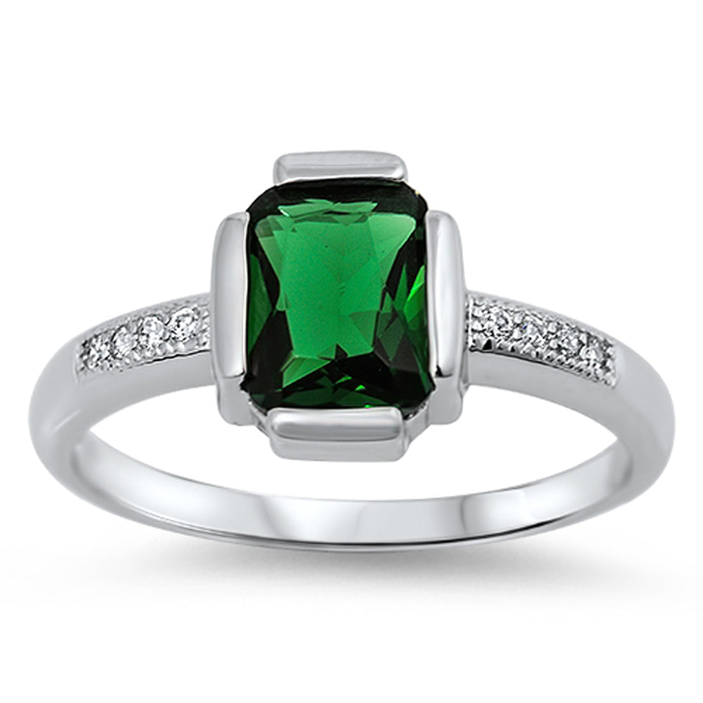 Emerald CZ Solitaire Polished Unique Ring .925 Sterling Silver Band Sizes 5-10