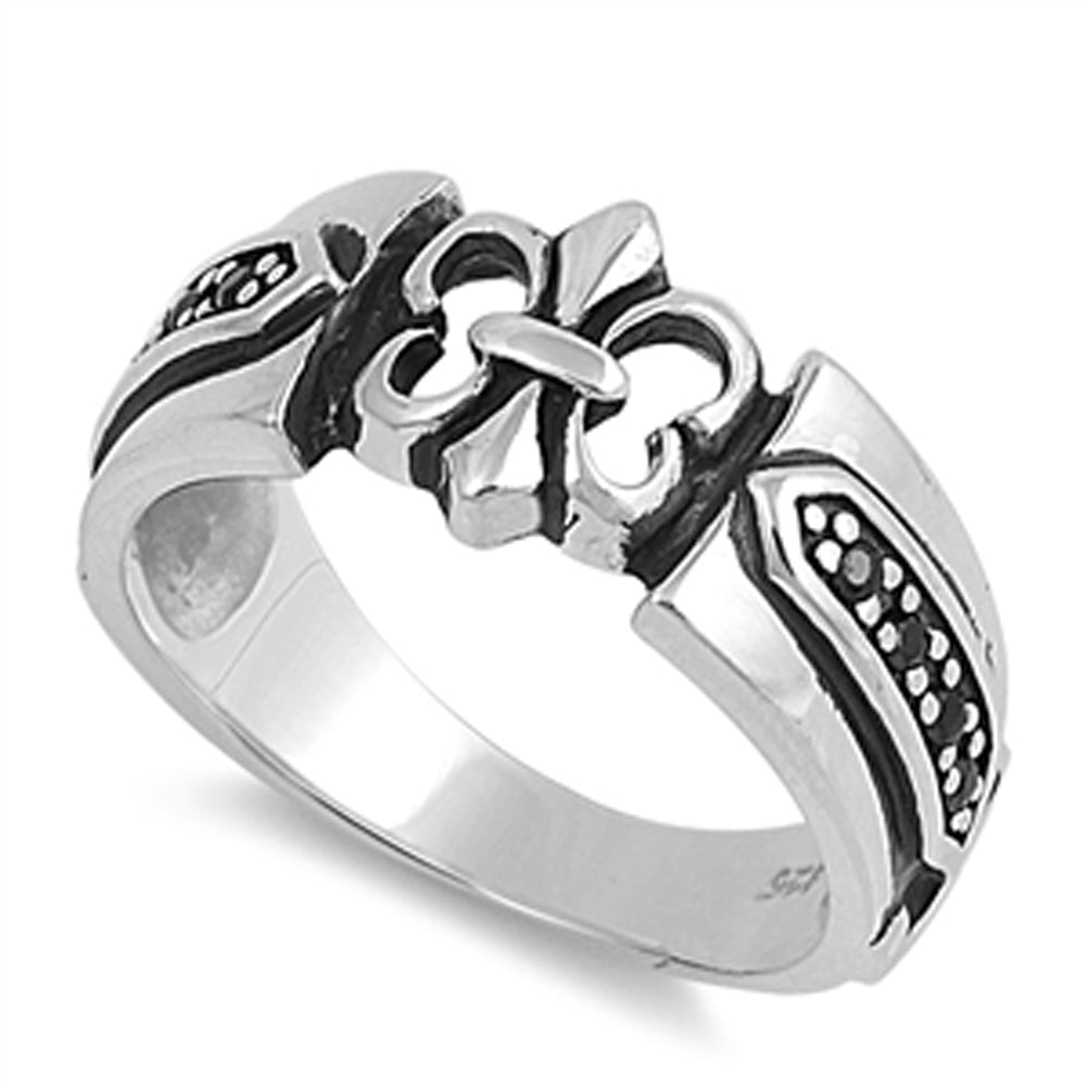 Black CZ Fleur de Lis Lily Polished Ring Sterling Silver Thumb Band Sizes 7-12