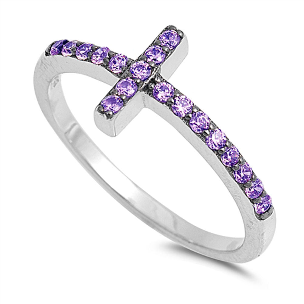 Amethyst CZ Sideways Cross Ring .925 Sterling Silver Christian Band Sizes 4-10