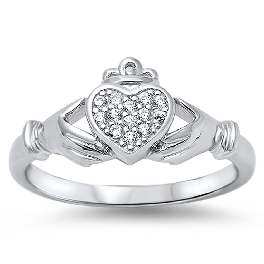 White CZ Polished Claddagh Heart Ring New .925 Sterling Silver Band Sizes 5-10