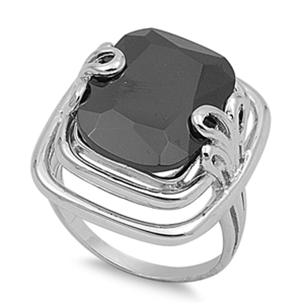 Black CZ Unique Solitaire Polished Cutout Ring Sterling Silver Band Sizes 6-10