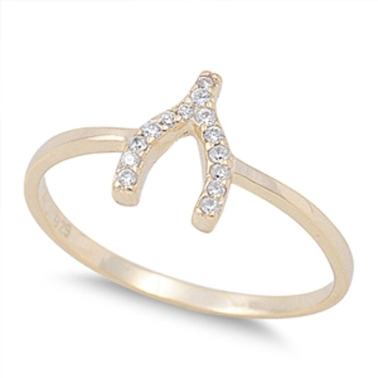 Gold Tone Wishbone Good Luck White CZ Ring .925 Sterling Silver Band Sizes 5-9