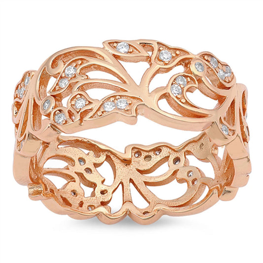 Rose Gold-Tone Filigree White CZ Wide Ring .925 Sterling Silver Band Sizes 5-12