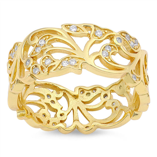 Yellow Gold-Tone Filigree White CZ Wide Ring 925 Sterling Silver Band Sizes 5-12