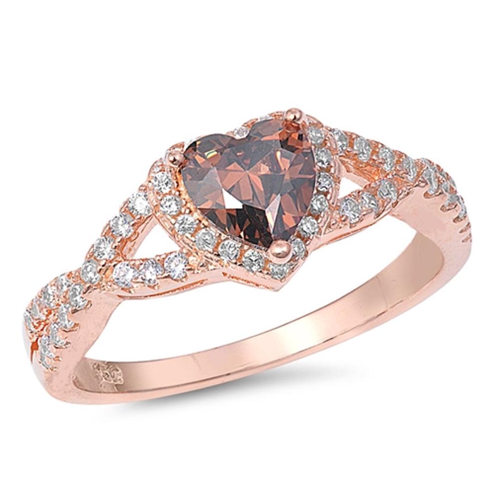 Rose Gold-Tone Champagne CZ Criss Cross Ring 925 Sterling Silver Band Sizes 4-12