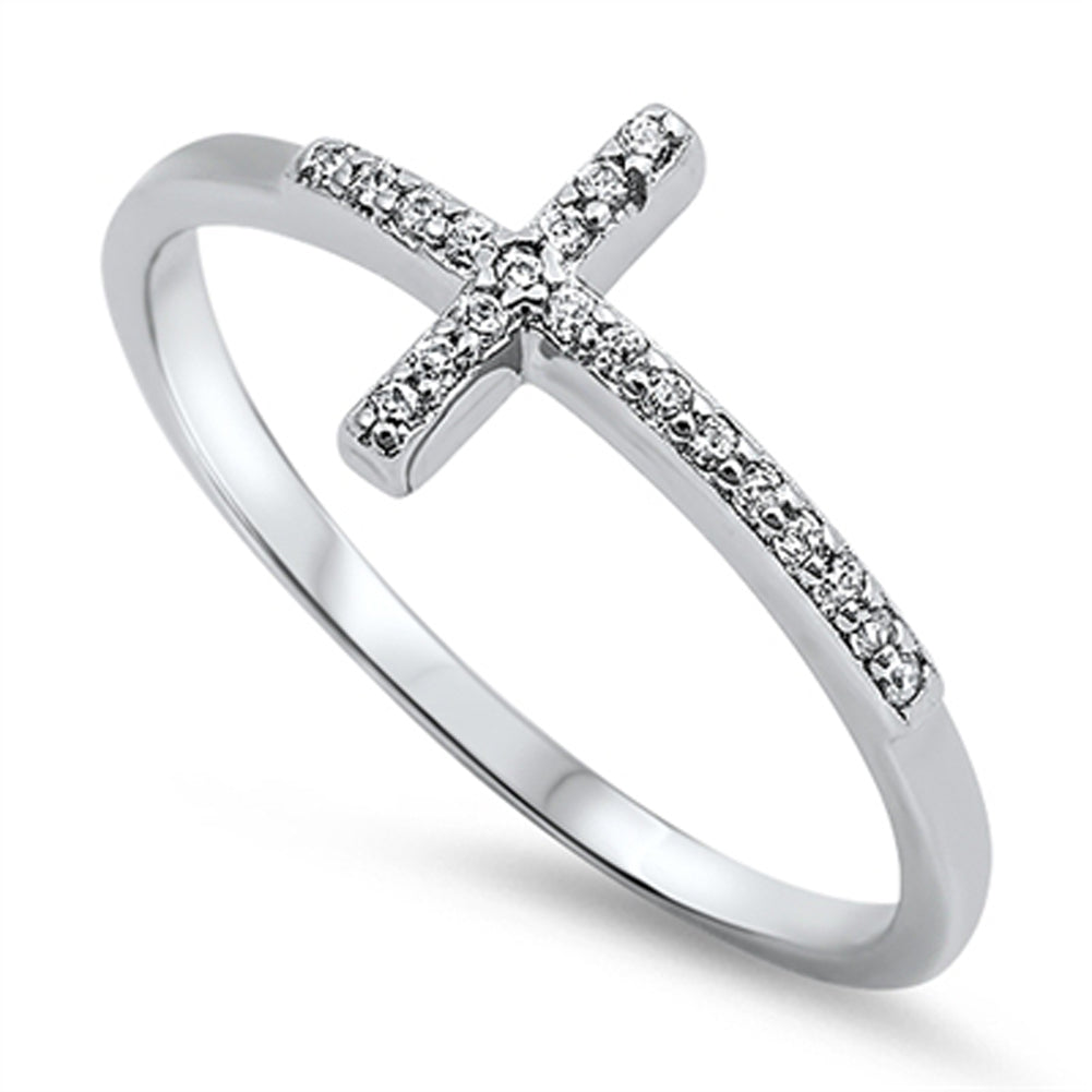 Sideways Cross Clear CZ Classic Ring New .925 Sterling Silver Band Sizes 4-10