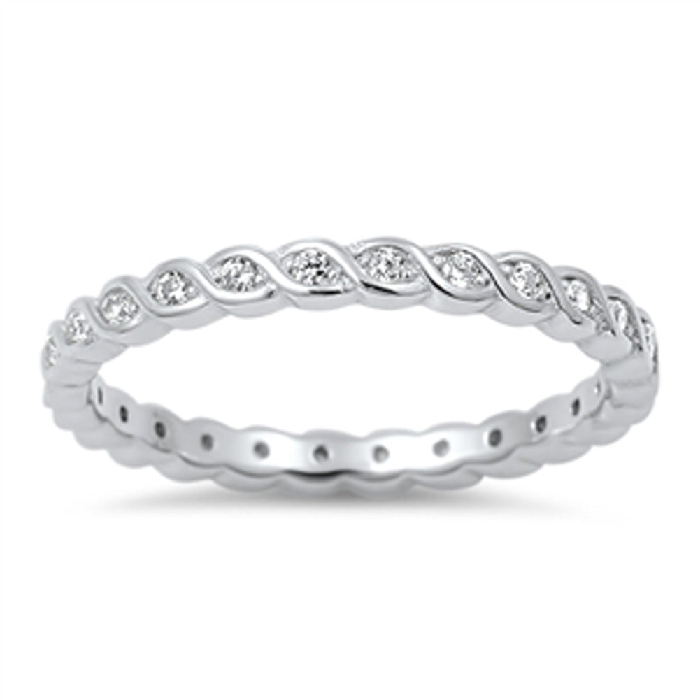 Wave Eternity Stackable White CZ Love Ring .925 Sterling Silver Band Sizes 4-10