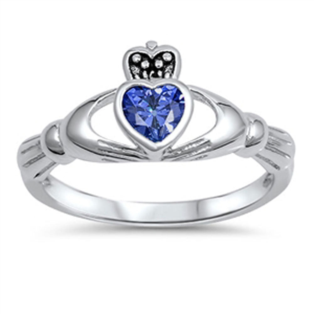 Blue Sapphire CZ Claddagh Heart Ring New .925 Sterling Silver Band Sizes 4-10