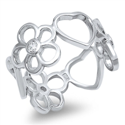 Heart Plumeria Clear CZ Eternity Ring New .925 Sterling Silver Band Sizes 5-10