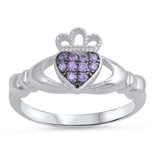 Amethyst CZ Claddagh Heart Friendship Ring .925 Sterling Silver Band Sizes 4-10