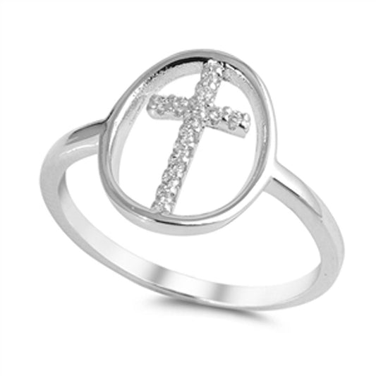 Christian Cutout Open Clear CZ Cross Ring .925 Sterling Silver Band Sizes 5-10