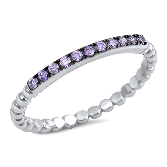 Thin Amethyst CZ Promise Ring New .925 Sterling Silver Ball Bead Band Sizes 4-10