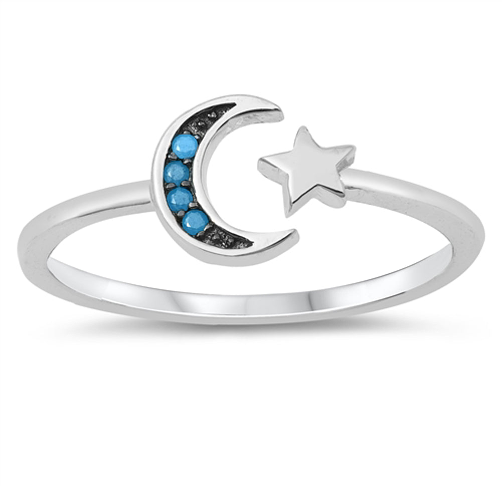 Simple Turquoise Moon Star Open Ring New .925 Sterling Silver Band Sizes 4-10