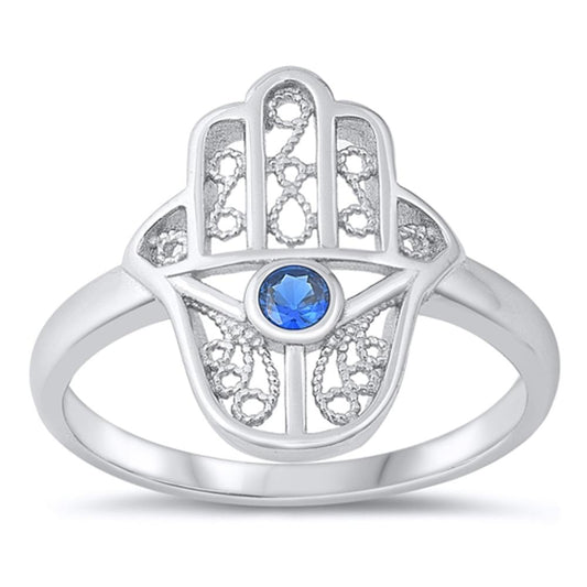 Sterling Silver Blue Sapphire CZ Hamsa Ring