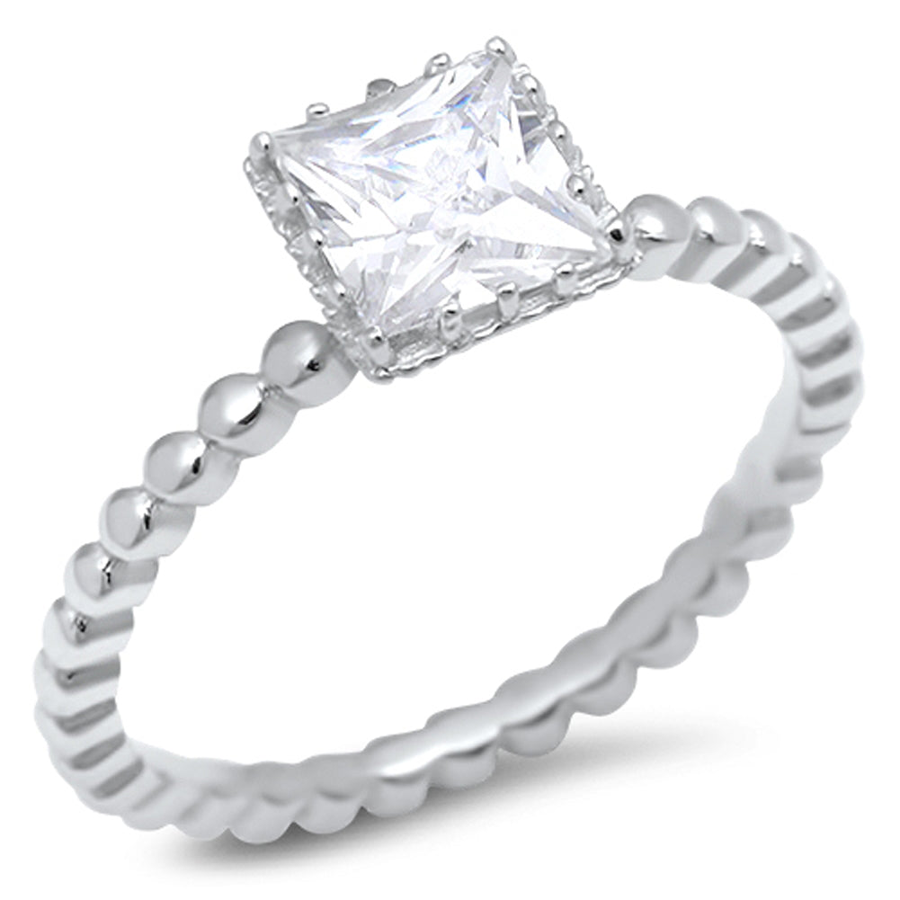 Square Solitaire White CZ Wedding Ring .925 Sterling Silver Bead Band Sizes 4-10