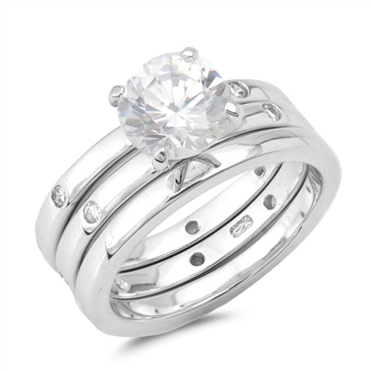 Round Clear CZ Solitaire Wedding Ring Set .925 Sterling Silver Band Sizes 5-10